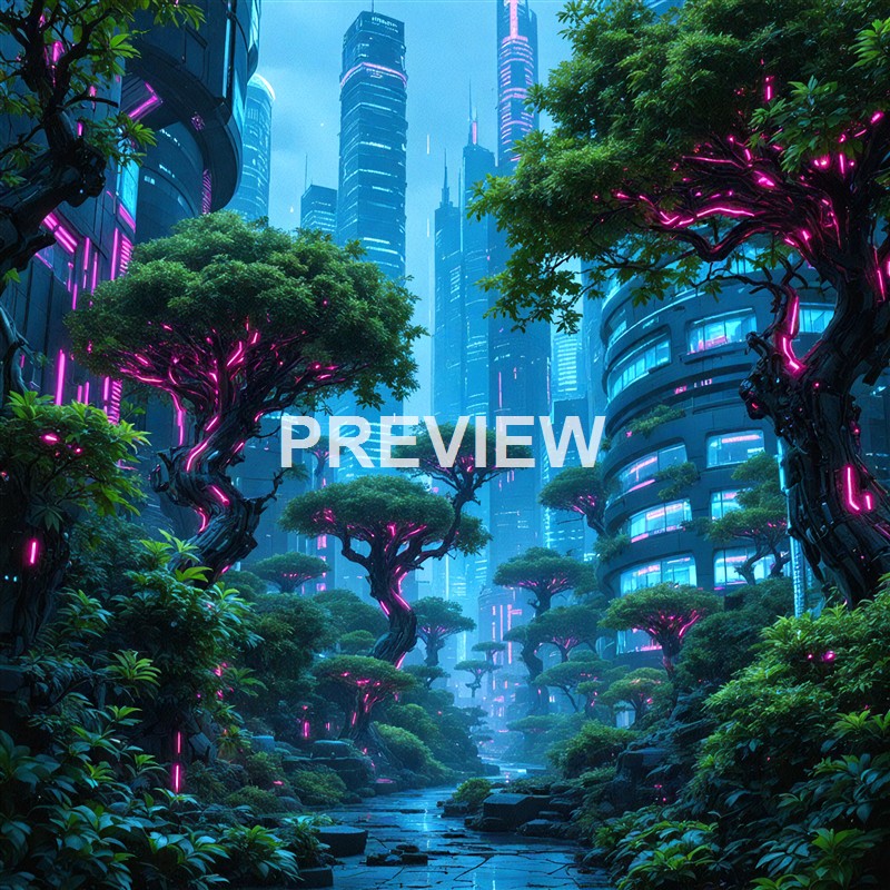 A futuristic cityscape featuring tall skyscrapers with neon lights, lush trees with glowing pink accents, and a pathway running through the vibrant environment.